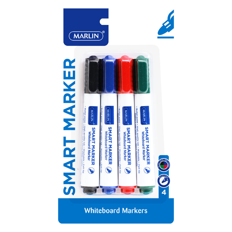 Marlin Smart-Marker White Board Markers 4's assorted - Black/Blue/Red/Green