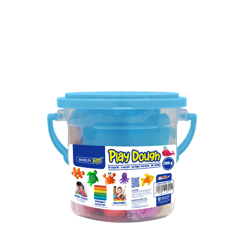 Marlin Kids Play dough 200g bucket 10 assorted colours + 5 plastic moulds