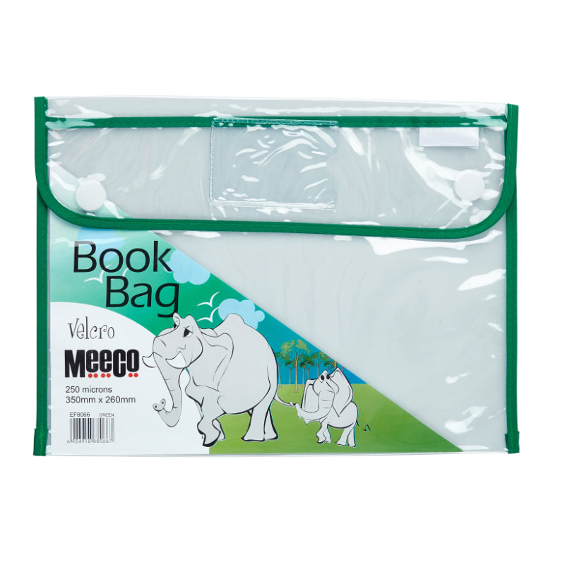 Meeco A4 Clear Book Bag Green Velcro