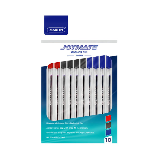 Marlin Joymate transparent medium point pens 10's - 4 Blue/4 Black/2 Red